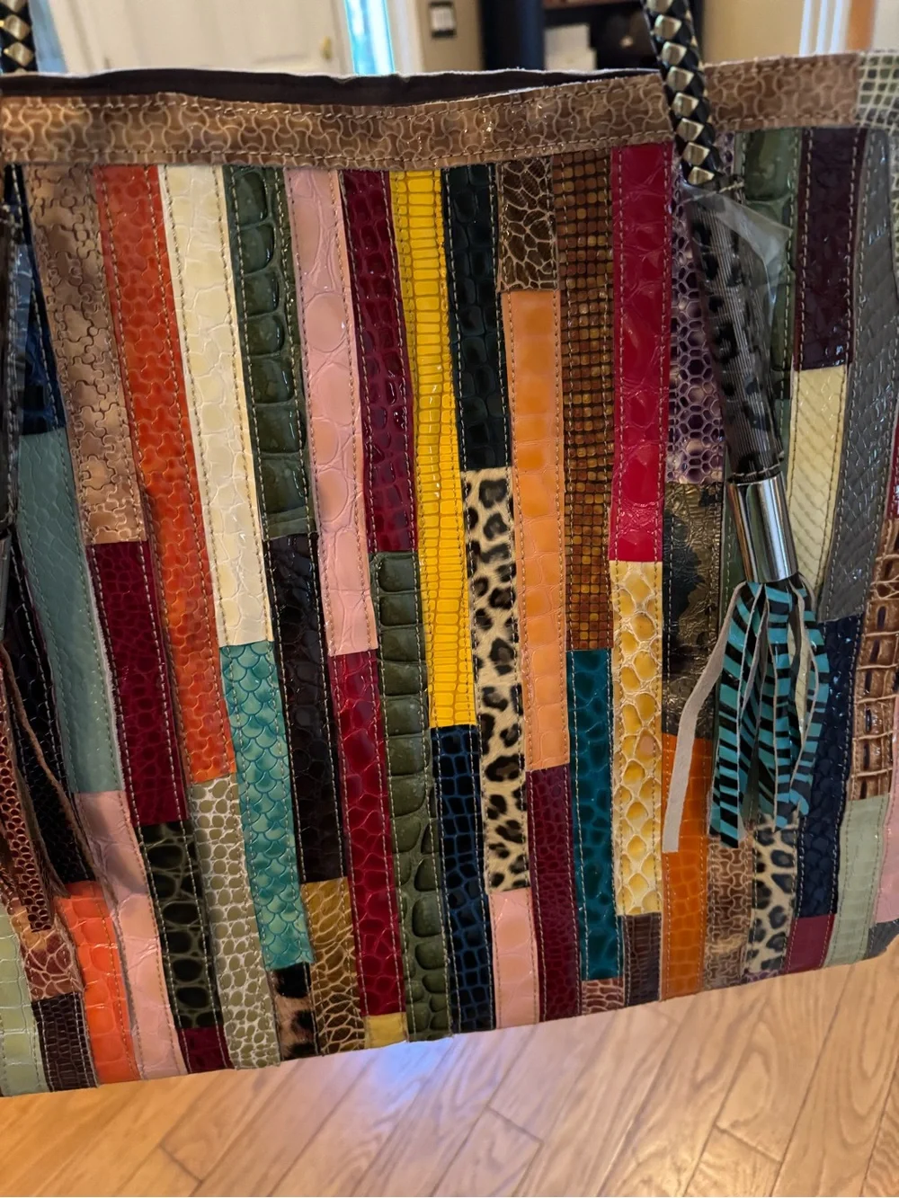 Multicolor Patchwork Faux Exotic Embossed Tote Shoulder Bag Boho Unique Eclectic